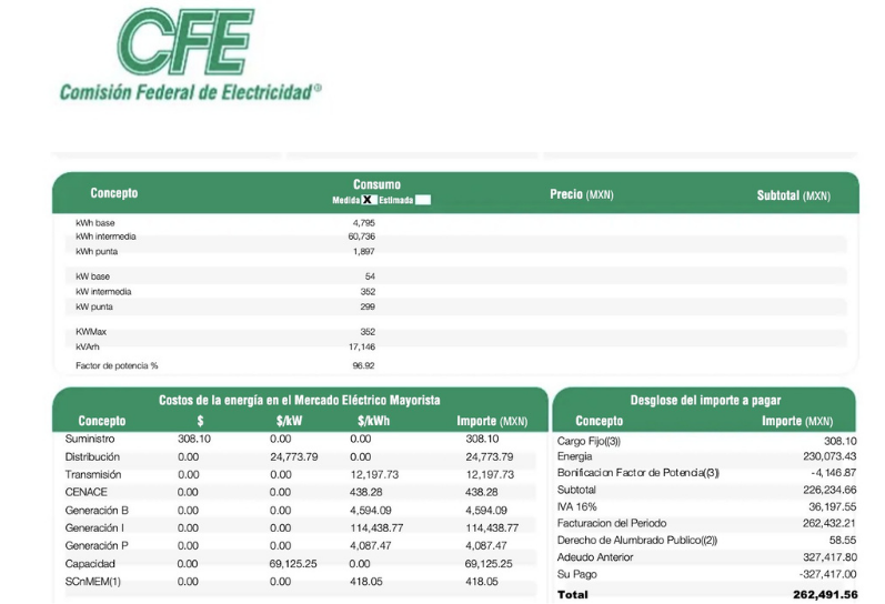 Recibo CFE de ejemplo — desglose de cargos por concepto